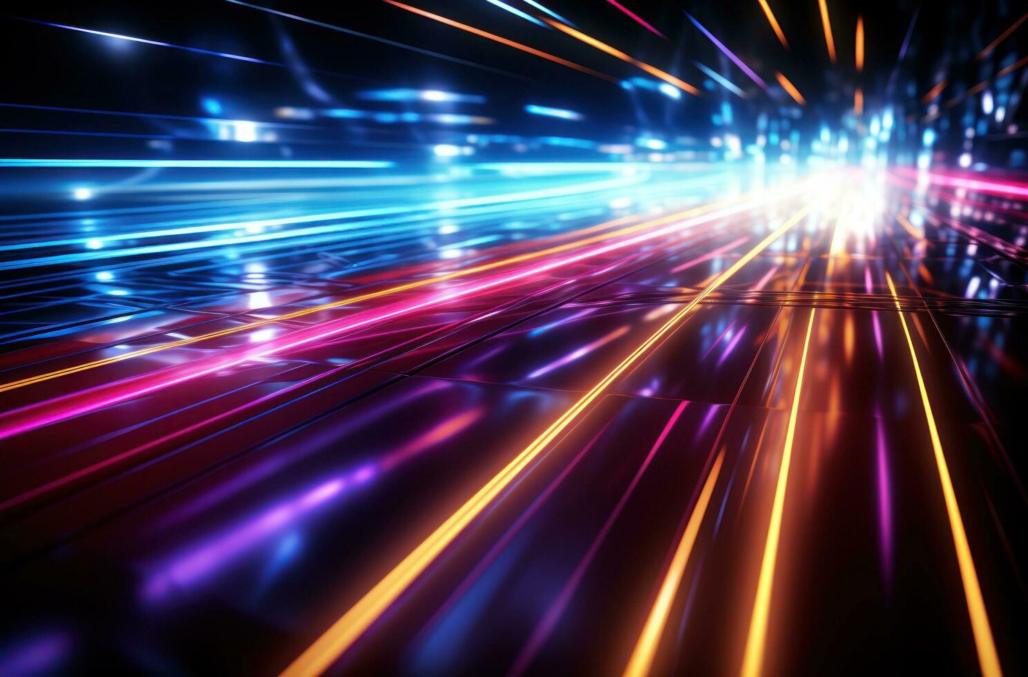 AI generated a bright green, blue, purple, and red light trail moving through some space, photo