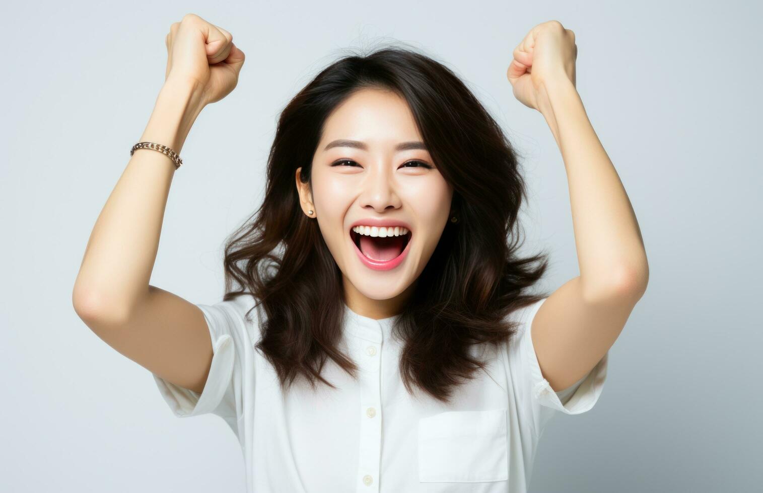 AI generated a beautiful asian girl celebrating while smiling and AI generated a beautiful asian girl celebrating while smiling and