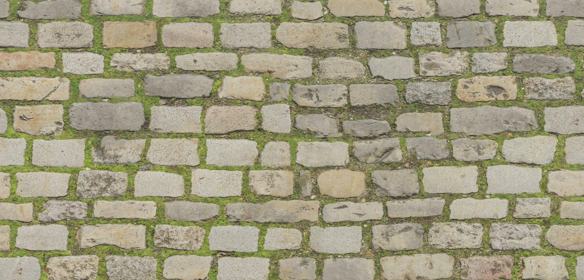 Road surface made of square stones gravel sidewalk Detail of cobblestones in old road Old granite road 3D illustration photo