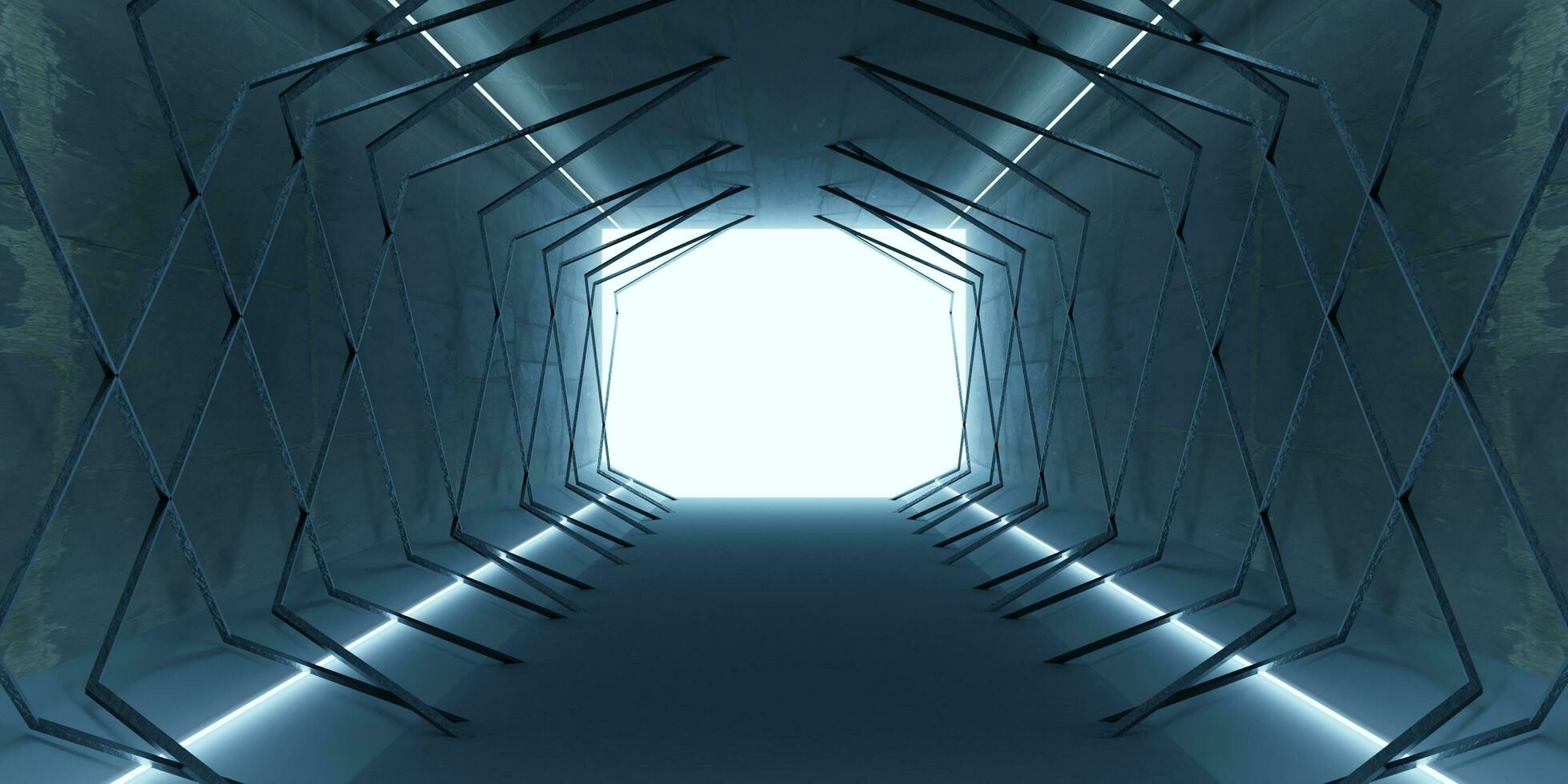 technology tunnel aisle on spaceship Futuristic Space and Sci Fi Corridor Room Showcase Lighting Beam Tunnel Modern Future Showroom Floor and Wall Technology 3D Background photo