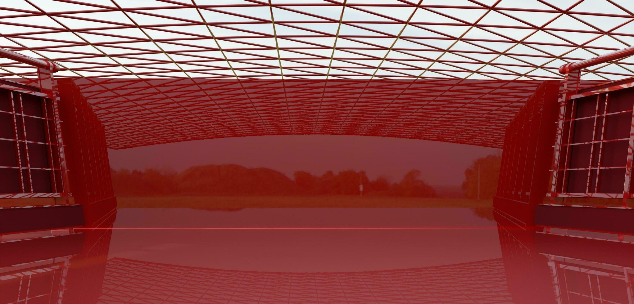 The showroom has an open area with a spacious concrete floor and a backdrop during the daytime Multi purpose courtyard concrete walls architectural 3D illustrations photo