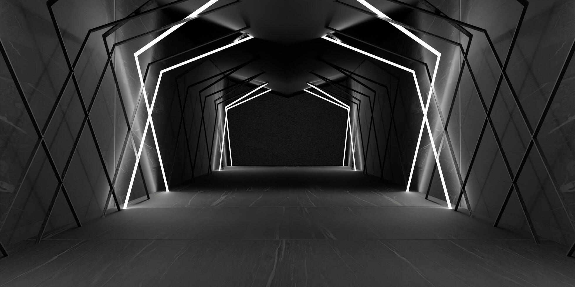 tecnología túnel pasillo en astronave futurista espacio y ciencia fi corredor habitación escaparate Encendiendo haz túnel moderno futuro sala de exposición piso y pared tecnología 3d antecedentes foto