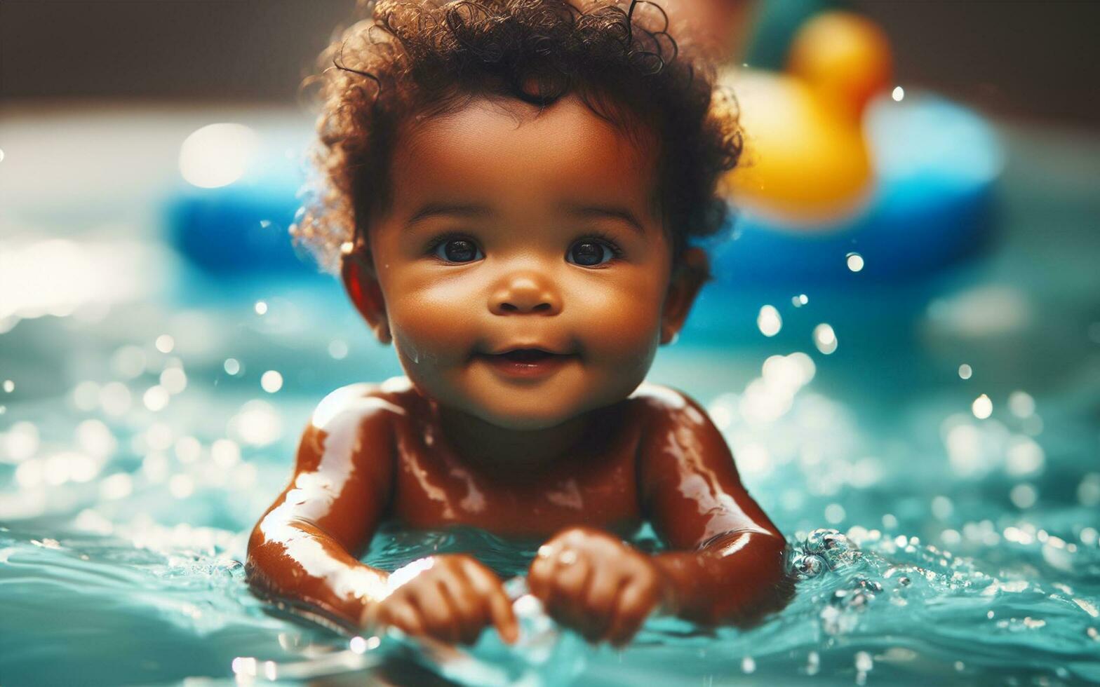 AI generated Young child playing in the pool The concept of giving birth in water photo
