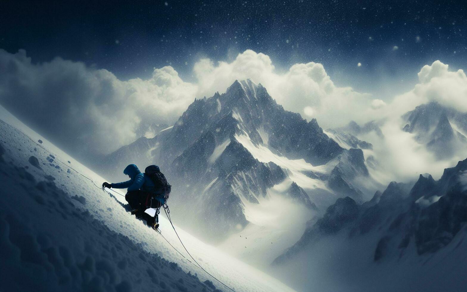 AI generated snow climber sport climbing high mountain and blizzard ice mountain peak photo