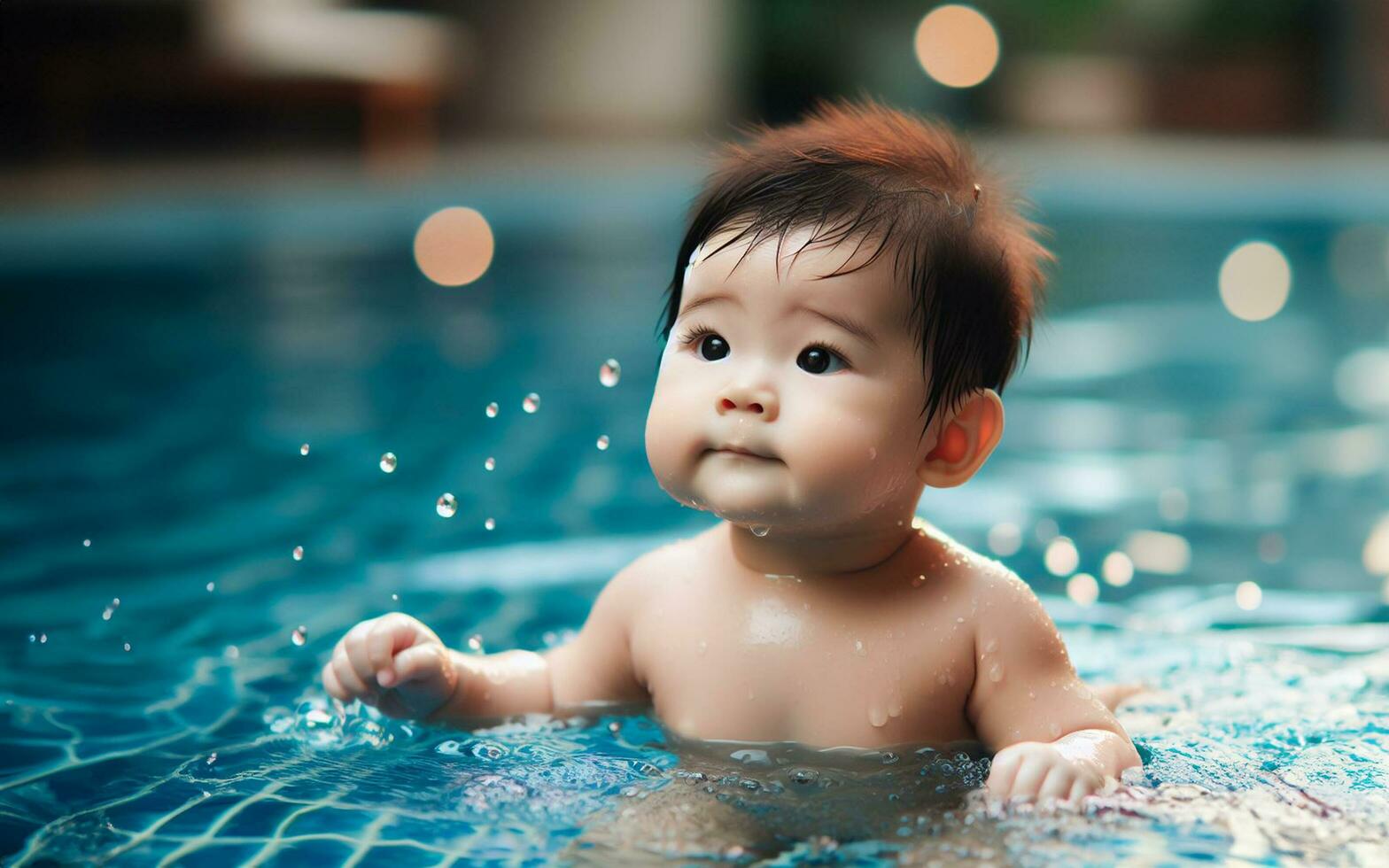 AI generated Young child playing in the pool The concept of giving birth in water photo