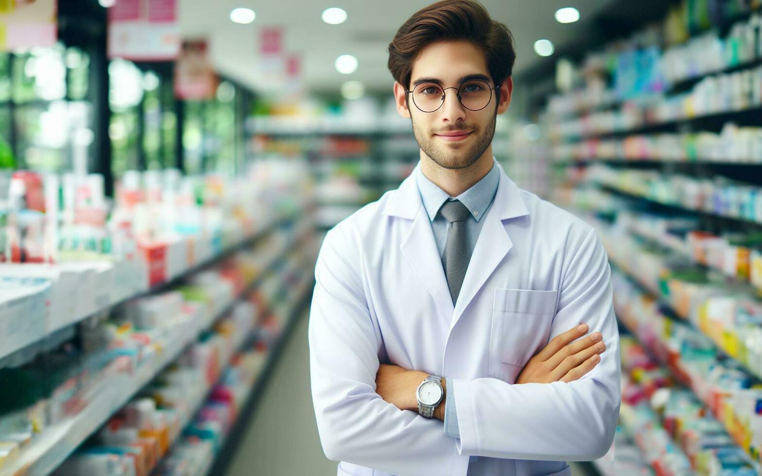 ai generado un farmacéutico soportes con su brazos cruzado en un fármaco almacenar. el antecedentes de el farmacia estante es borroso. foto