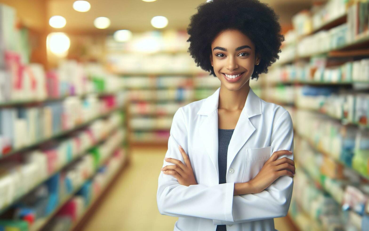 AI generated A pharmacist stands with his arms crossed in a drug store. The background of the pharmacy shelf is blurred. photo