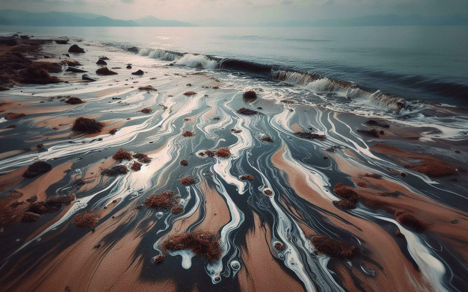 ai generado petróleo manchas en el mar petróleo derrames sobre playas y cursos de agua foto