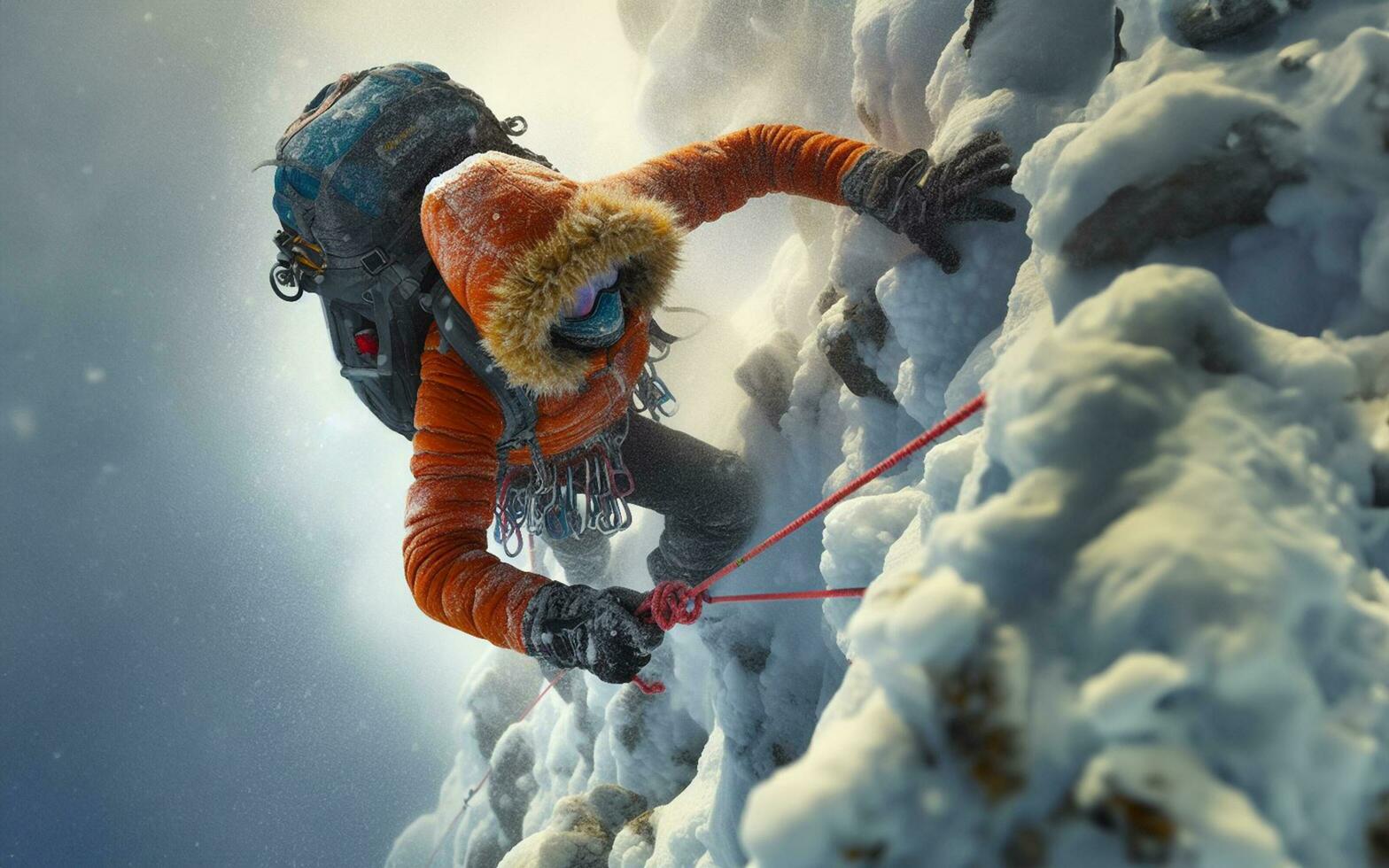 AI generated snow climber sport climbing high mountain and blizzard ice mountain peak photo