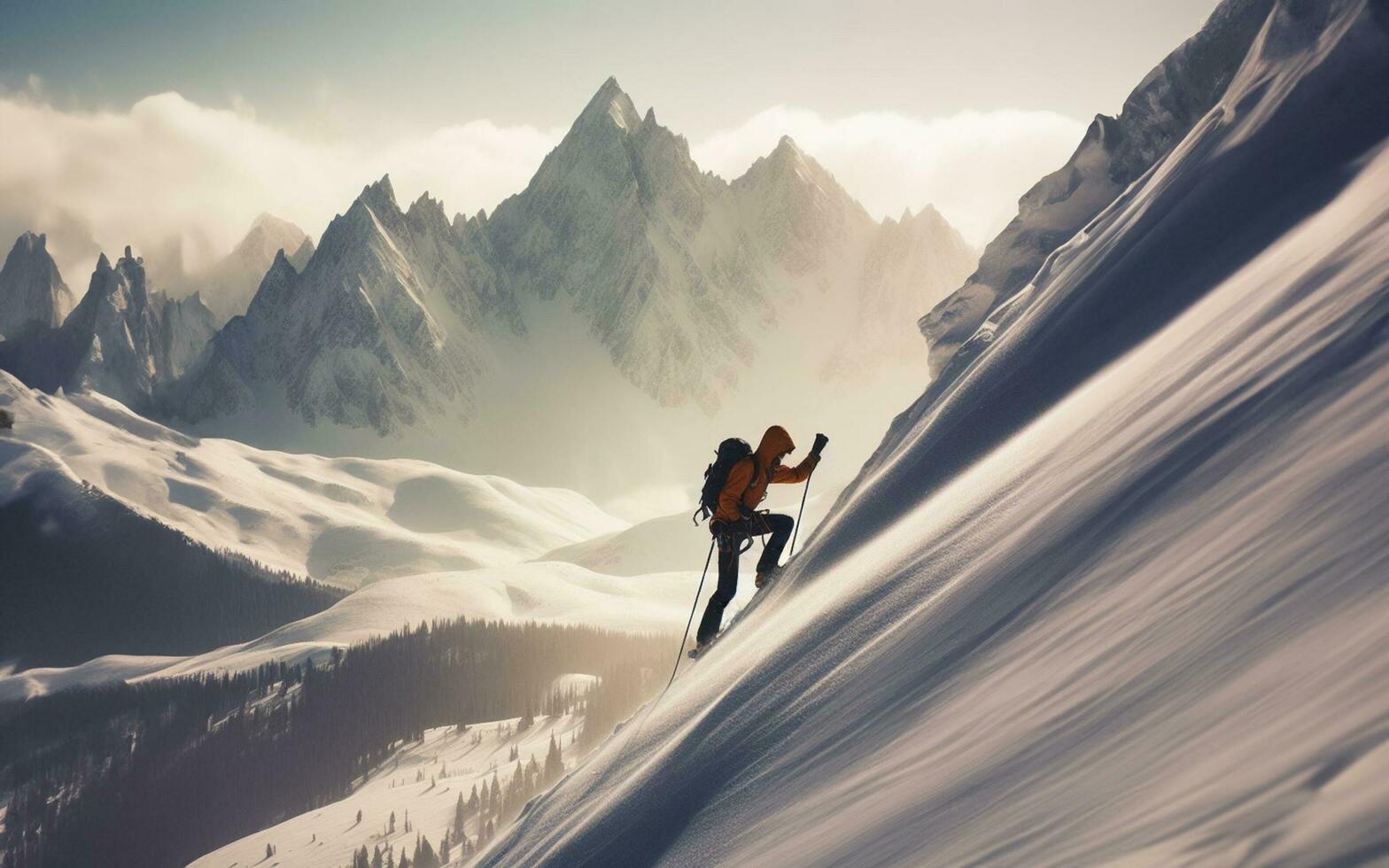 AI generated snow climber sport climbing high mountain and blizzard ice mountain peak photo