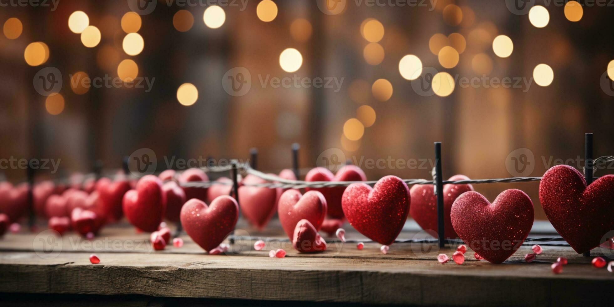 ai generado contento San Valentín día Boda cumpleaños antecedentes bandera panorámico saludo rojo corazones colgando en de madera pinzas para la ropa cuerda con bokeh luces en antecedentes foto