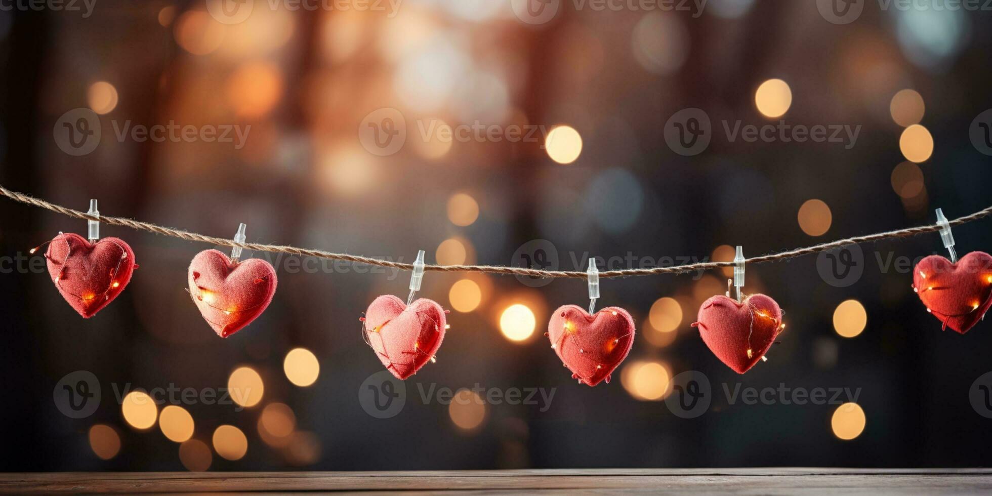 AI generated Happy Valentine's Day Wedding Birthday Background Banner Panoramic Greeting Red Hearts Hanging On Wooden Clothespins Rope With Bokeh Lights On Background photo