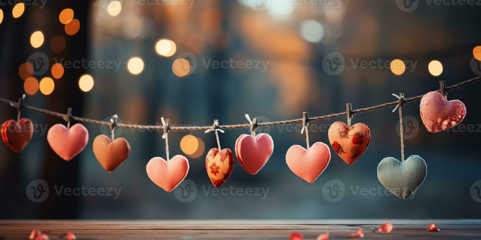 ai generado contento San Valentín día Boda cumpleaños antecedentes bandera panorámico saludo rojo corazones colgando en de madera pinzas para la ropa cuerda con bokeh luces en antecedentes foto