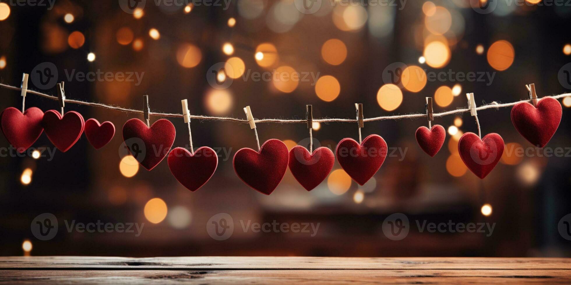ai generado contento San Valentín día Boda cumpleaños antecedentes bandera panorámico saludo rojo corazones colgando en de madera pinzas para la ropa cuerda con bokeh luces en antecedentes foto