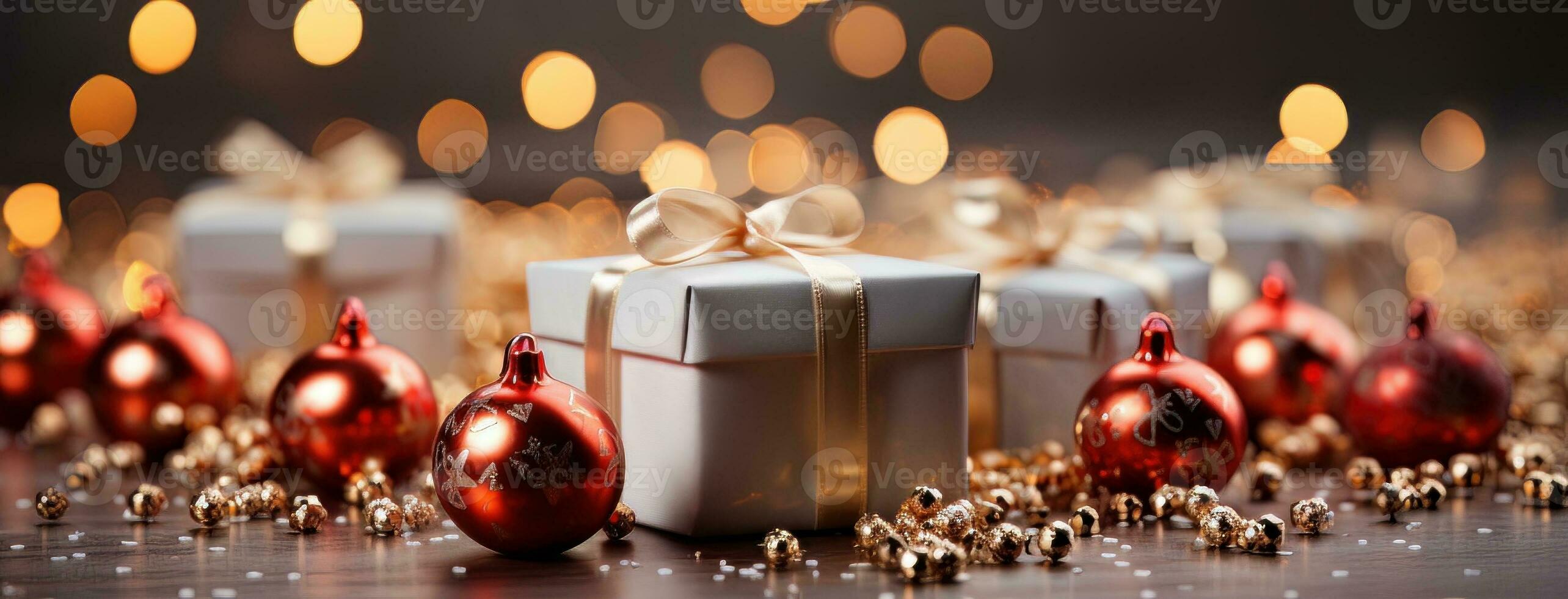 AI generated A Christmas box with gold ribbons Generative AI. photo