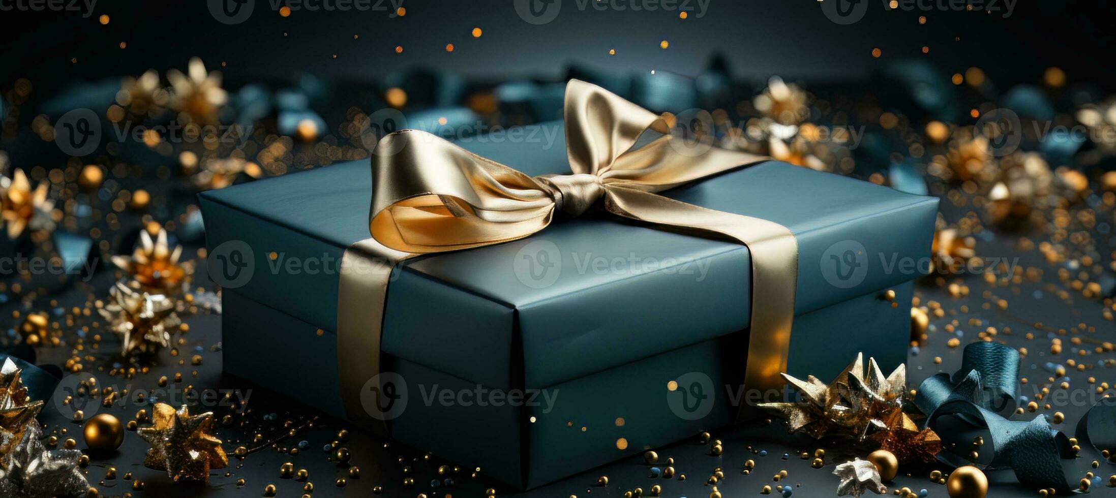 AI generated A Christmas box with gold ribbons Generative AI. photo