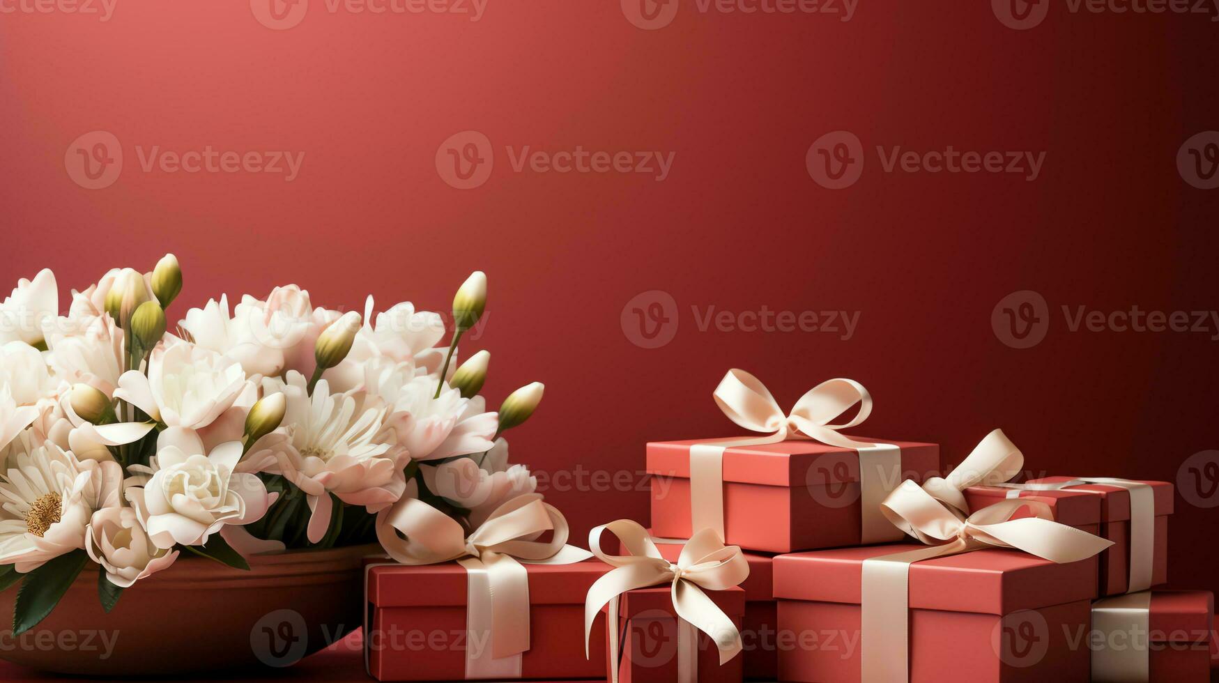 AI generated shopping day poster or banner with gift box on red background sales banner template design. Generate AI photo