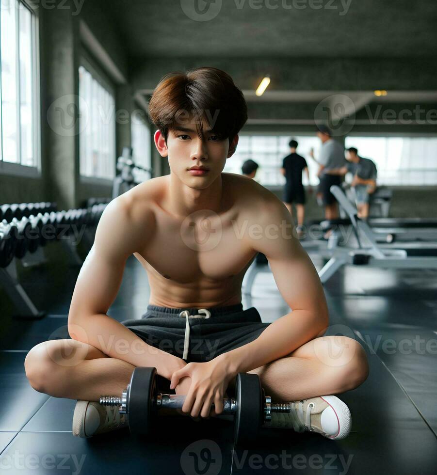 AI generated Young Asian male model, bright smile, good figure, exercise background at the gym, high resolution. The whole picture is sharp. Generate AI photo
