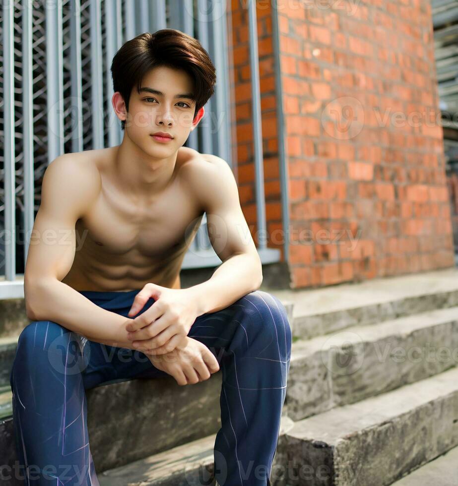 AI generated Young Asian male model, bright smile, good figure, exercise background at the gym, high resolution. The whole picture is sharp. Generate AI photo