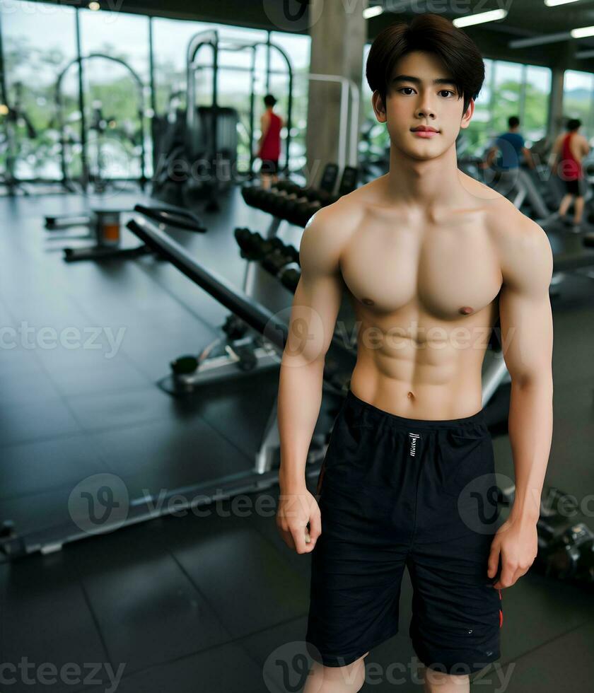 AI generated Young Asian male model, bright smile, good figure, exercise background at the gym, high resolution. The whole picture is sharp. Generate AI photo