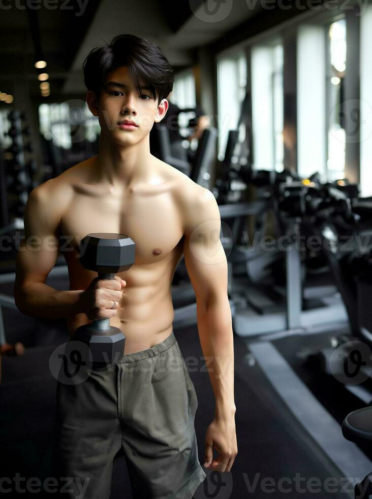 AI generated Young Asian male model, bright smile, good figure, exercise background at the gym, high resolution. The whole picture is sharp. Generate AI photo