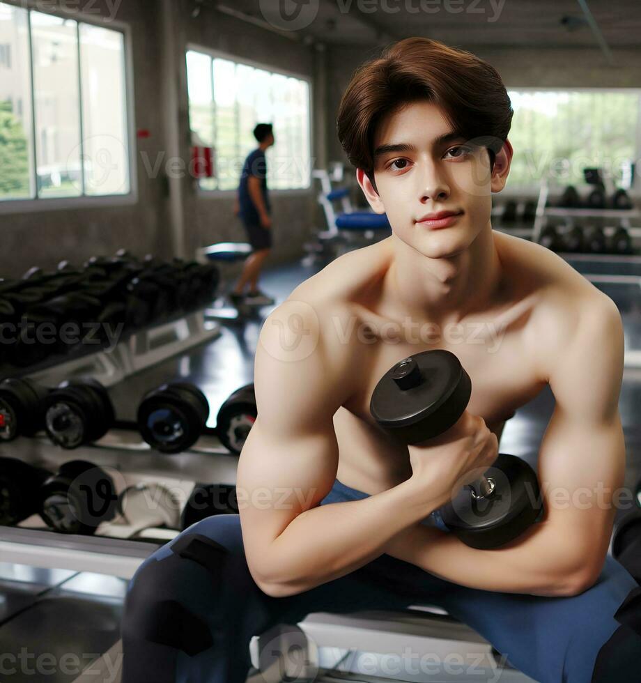 AI generated Young Asian male model, bright smile, good figure, exercise background at the gym, high resolution. The whole picture is sharp. Generate AI photo