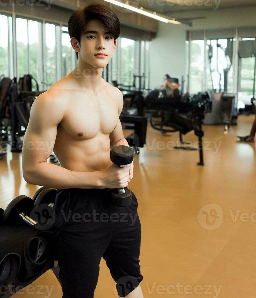 AI generated Young Asian male model, bright smile, good figure, exercise background at the gym, high resolution. The whole picture is sharp. Generate AI photo