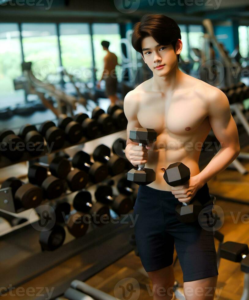 AI generated Young Asian male model, bright smile, good figure, exercise background at the gym, high resolution. The whole picture is sharp. Generate AI photo
