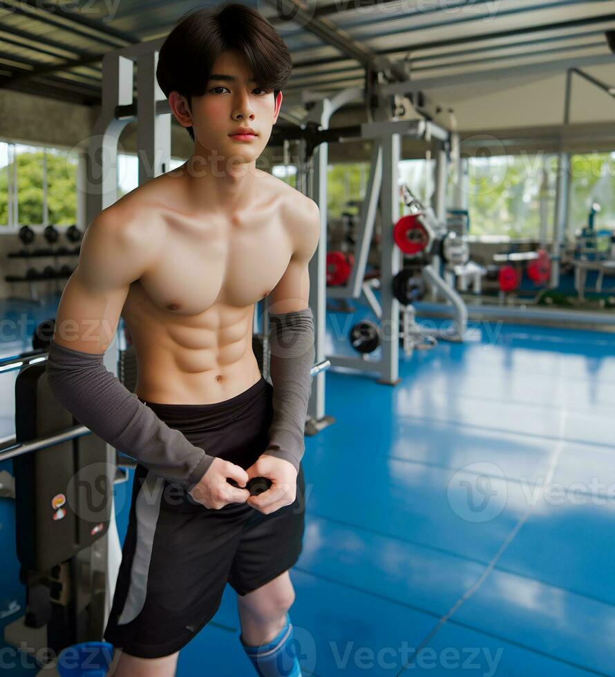 AI generated Young Asian male model, bright smile, good figure, exercise background at the gym, high resolution. The whole picture is sharp. Generate AI photo