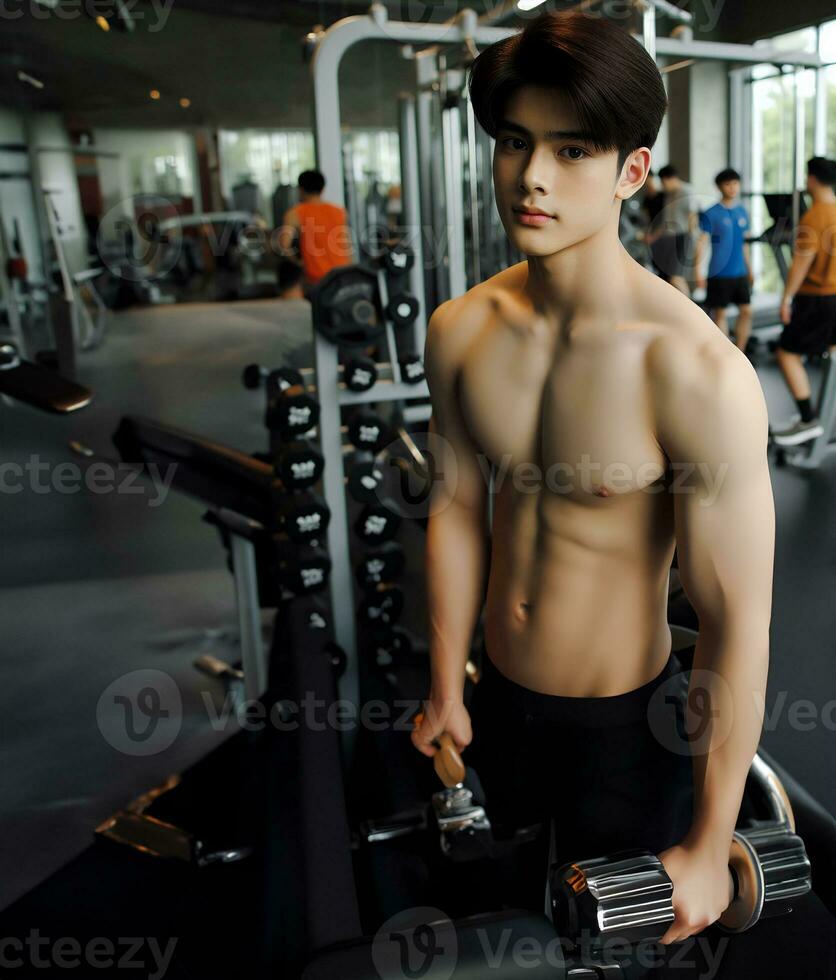 AI generated Young Asian male model, bright smile, good figure, exercise background at the gym, high resolution. The whole picture is sharp. Generate AI photo