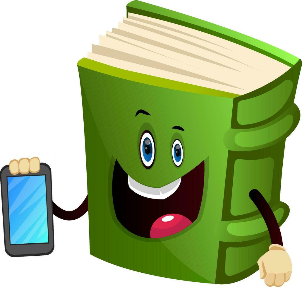 Green book is holding a mobile phone, illustration, vector on white background.