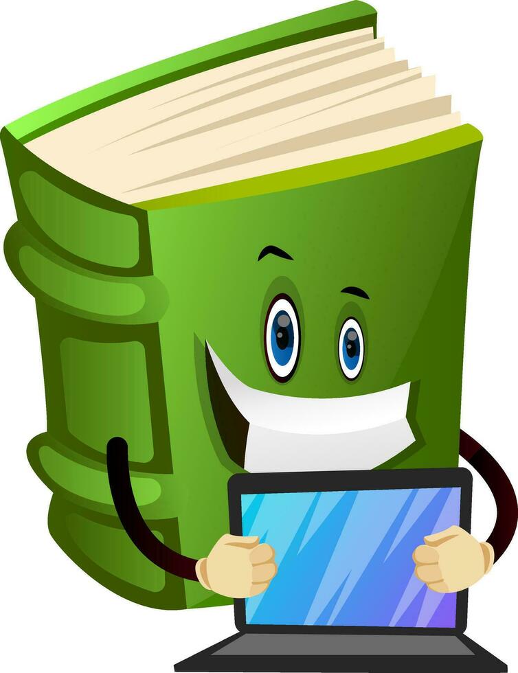 Green book is holding a laptop, illustration, vector on white background.