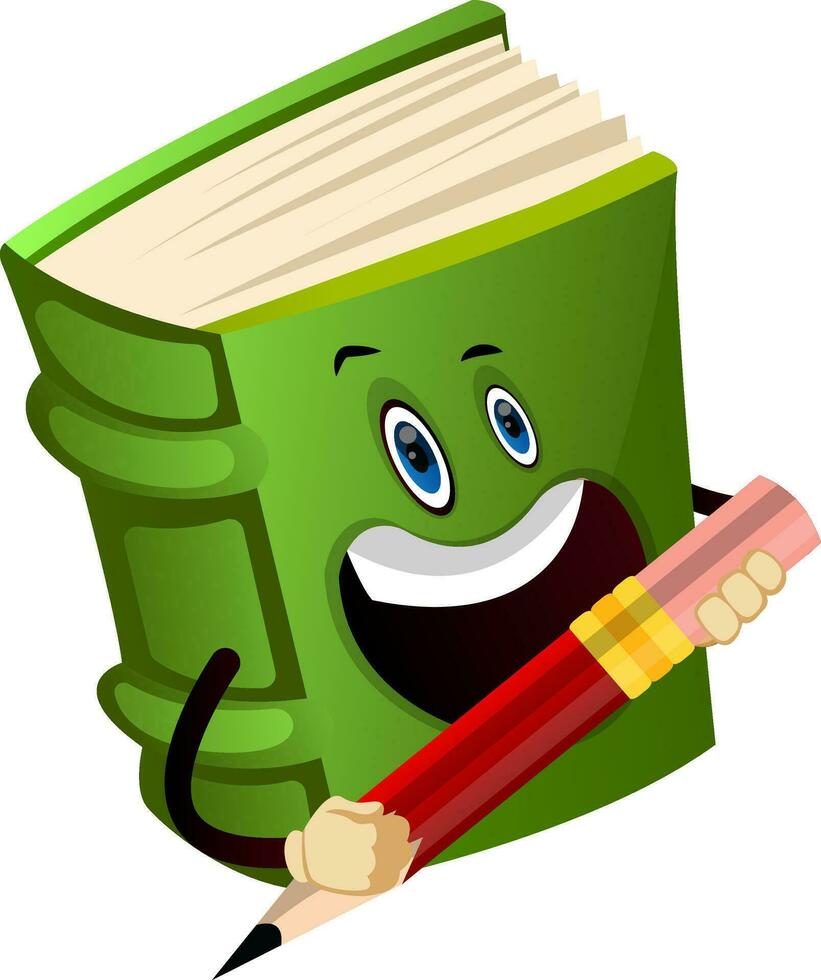 Green book is holding a pencil, illustration, vector on white background.