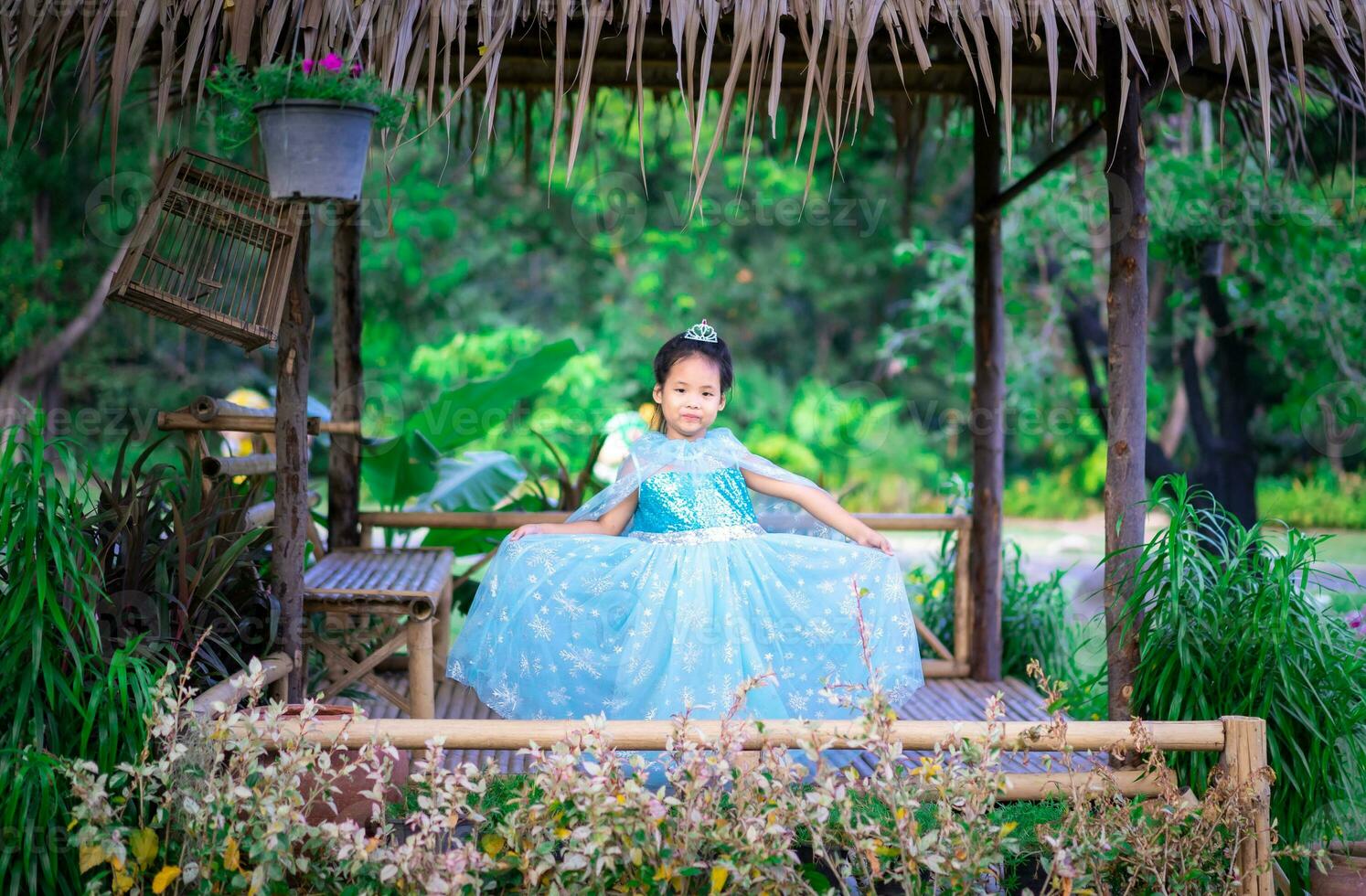 Portrait of cute smiling little girl in princess costume standing in the hut photo