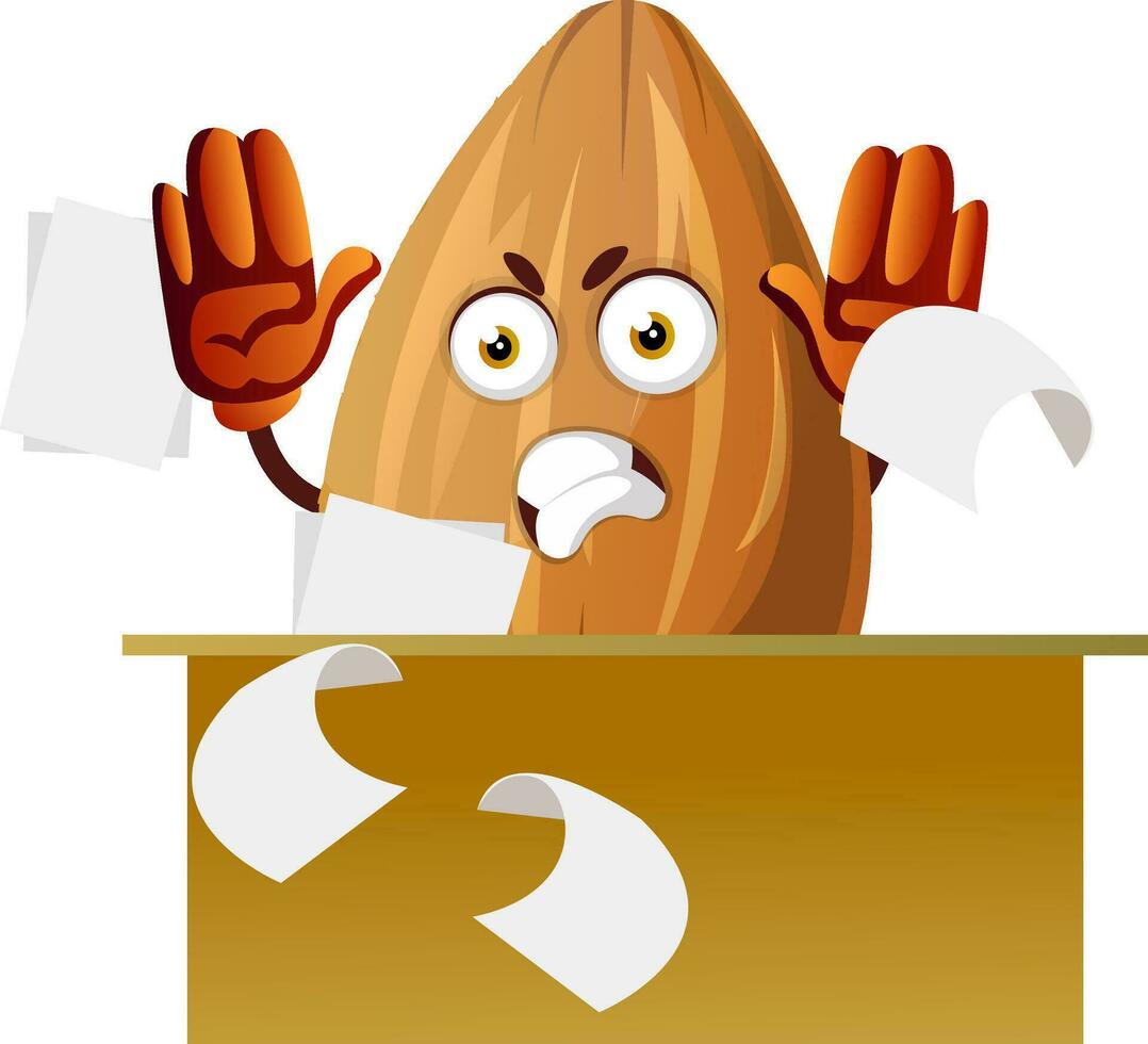 Angry almond sitting behind desk ,papers flying around, illustration, vector on white background.