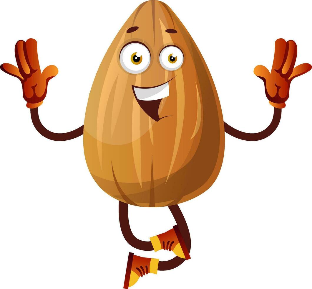 Happy almond jumping from joy, illustration, vector on white background.