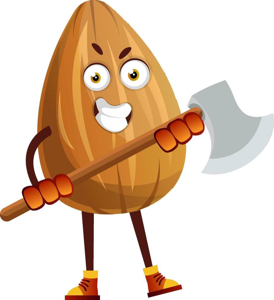 Almond with an axe in his hands, illustration, vector on white background.