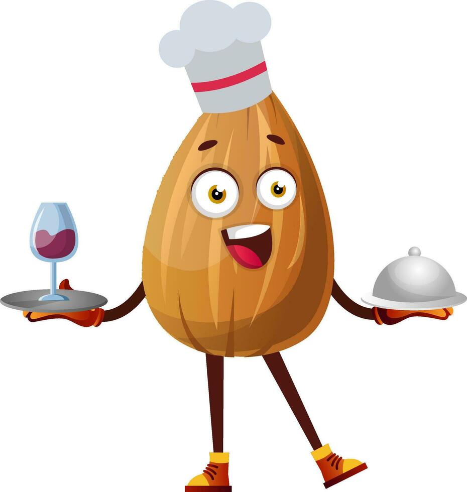 Almond working as a chef in a restaurant, illustration, vector on white background.