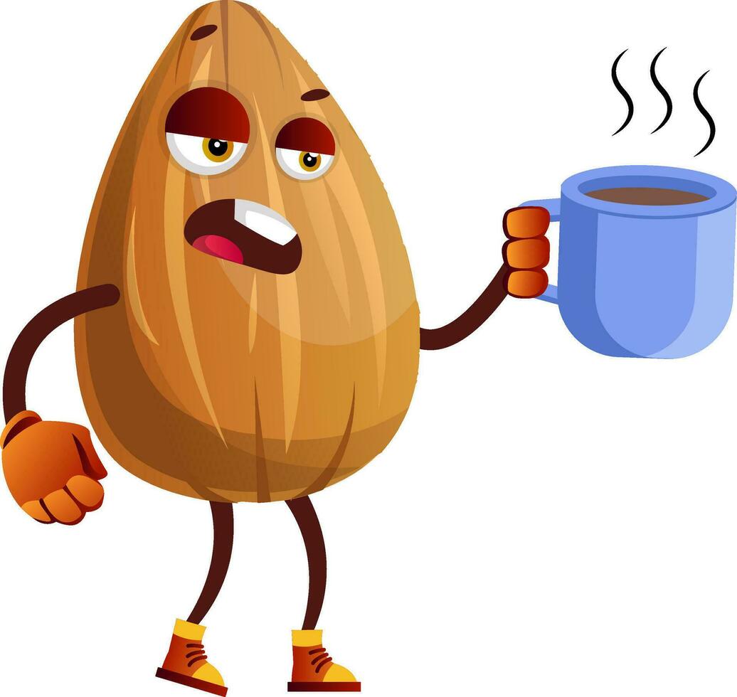 Almond drinking his first coffee in the morning, illustration, vector on white background.