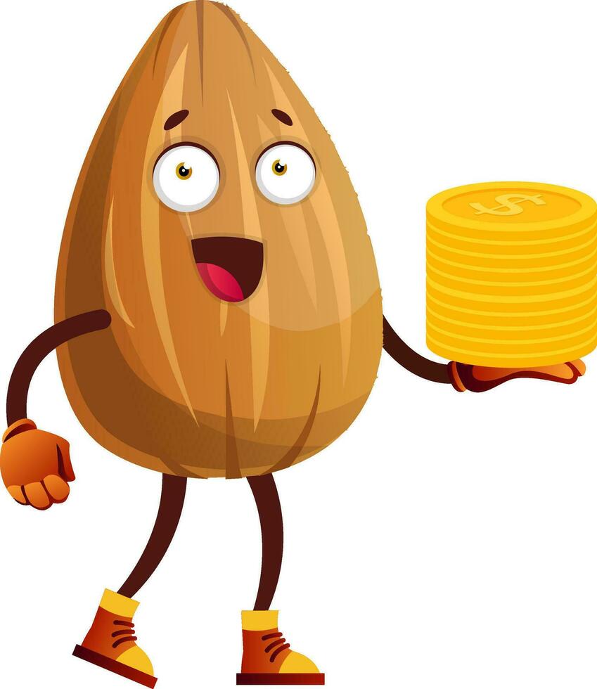 Almond has gold coins on his hands, illustration, vector on white background.