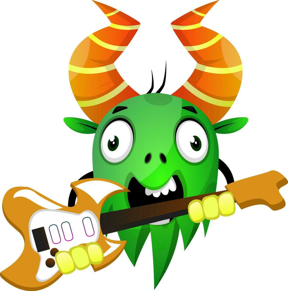 Cartoon monster holding an electric guitar, illustration, vector on white background.