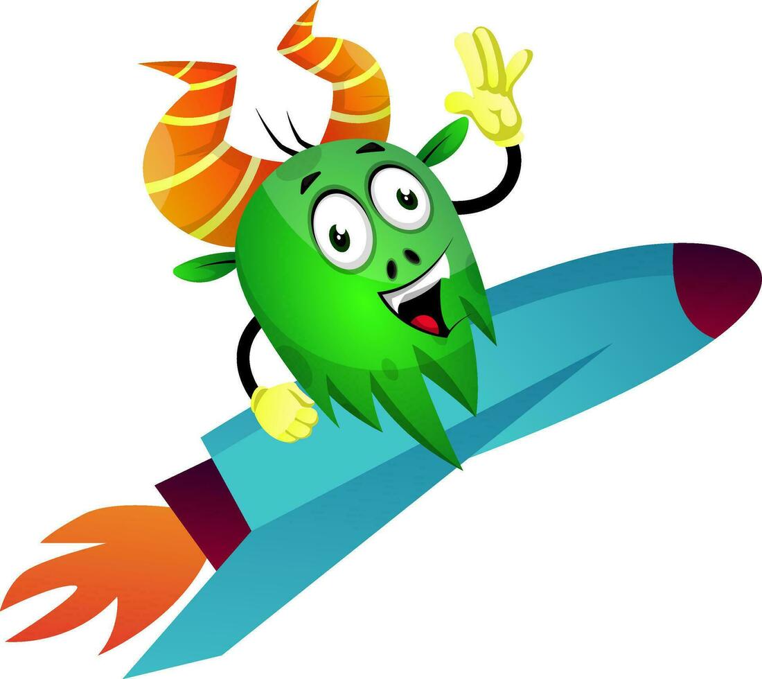 Cartoon monster on a rocket, illustration, vector on white background.