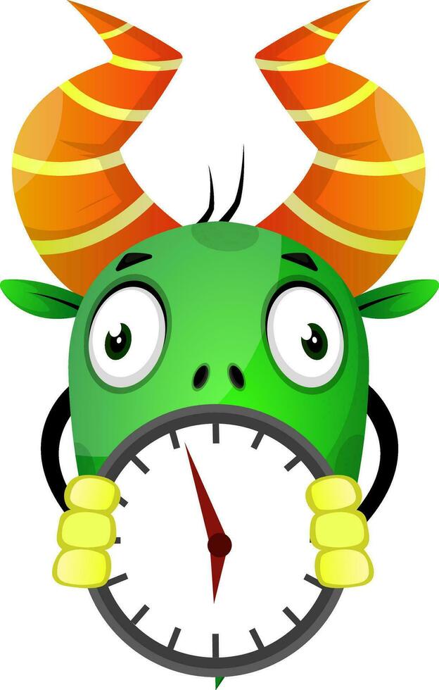 The monster with horn holding a wall clock, illustration, vector on white background.