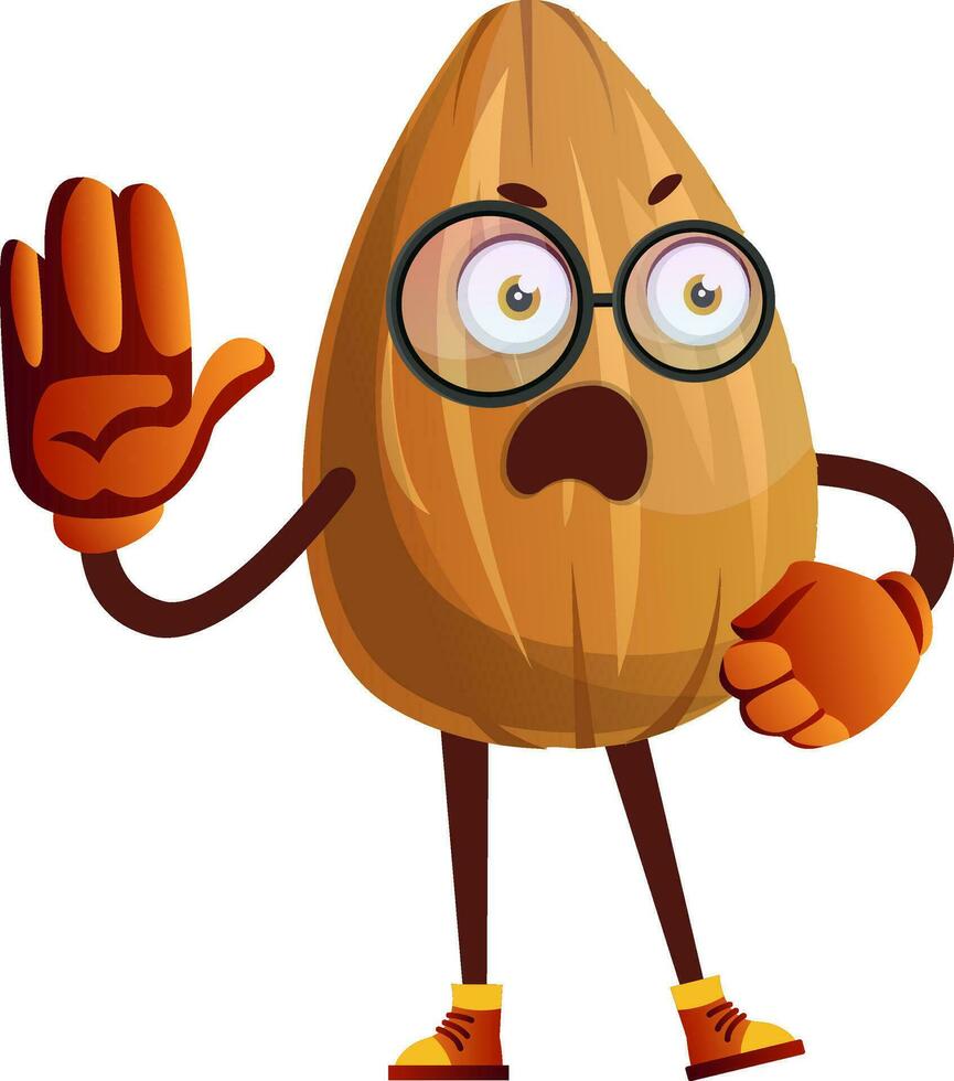 Almond wearing black glasses raised his right hand up, illustration, vector on white background.