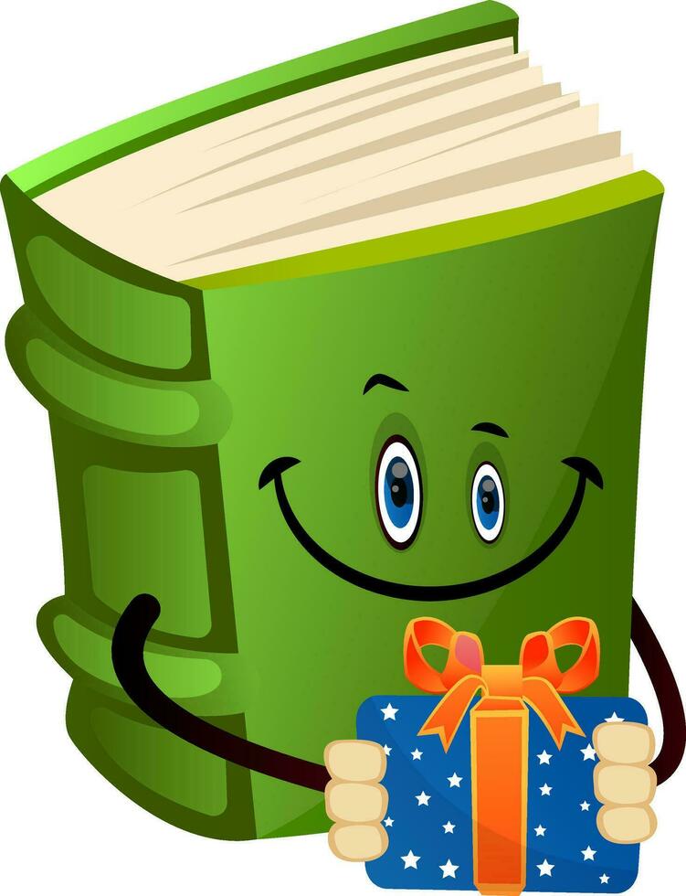 Green book holding a present, illustration, vector on white background.