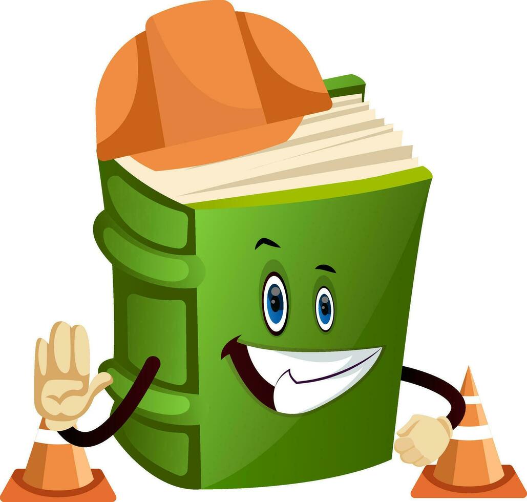 Green book is at a construction site, illustration, vector on white background.