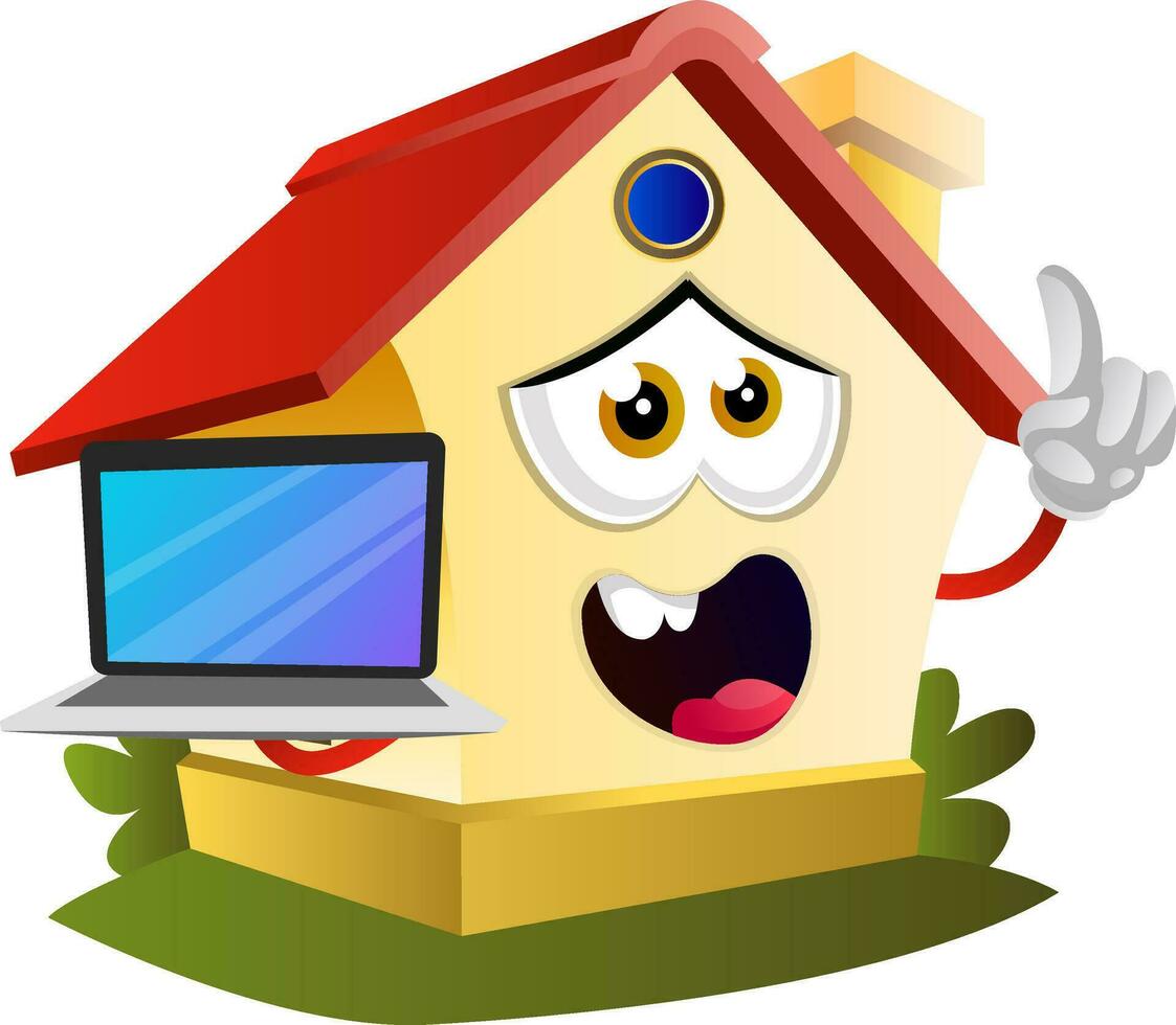 House is holding laptop, illustration, vector on white background.