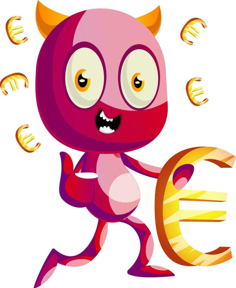 Devil with euro sign, illustration, vector on white background.