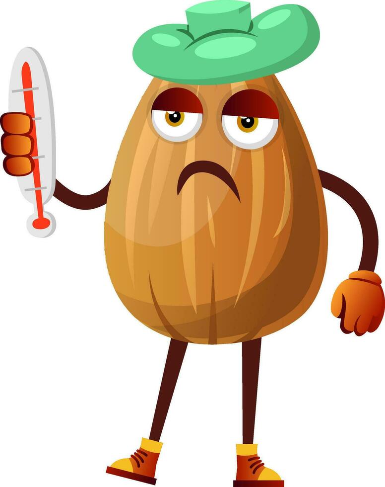 Almond has temperature, he is very sick, illustration, vector on white background.