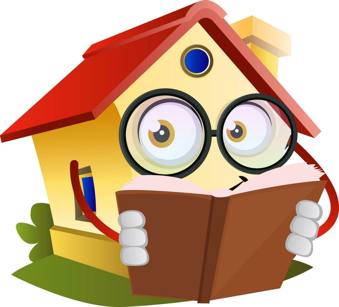 House is reading a book, illustration, vector on white background.